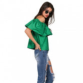 Kaamastra Green Off the Shoulder Ruffles Crop Top